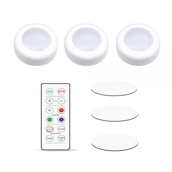 3 Pack Rgb Wireless Led Puck Closet Night Lights 16 Colors Remote Control Under Cabinet (8)