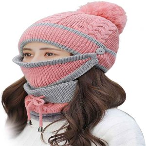 3pcs Women Beanie Hat Pom Bobble Scarf Mask Set Knitted Winter Warm Snow Ski Cap (1)