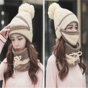 3pcs Women Beanie Hat Pom Bobble Scarf Mask Set Knitted Winter Warm Snow Ski Cap (6)