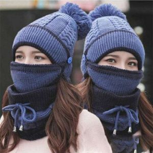 3pcs Women Beanie Hat Pom Bobble Scarf Mask Set Knitted Winter Warm Snow Ski Cap (7)